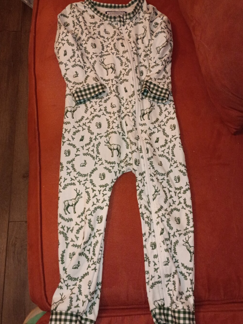 Sweet Honey Toddler White and Green Deer Print One-Piece Pajamas
